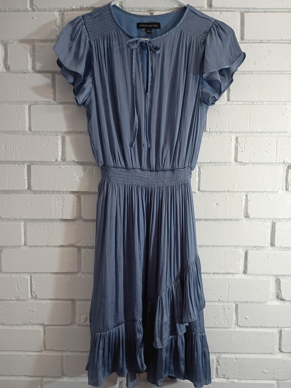 Banana Republic Dusty Blue Ruffle-Sleeve Smocked Midi Dress